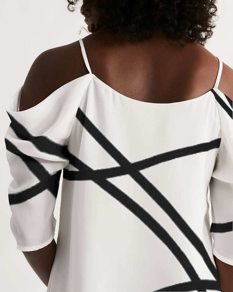 Sleek Statement Women's All-Over Print Open Shoulder A-Line Dress Allthingsladyobee