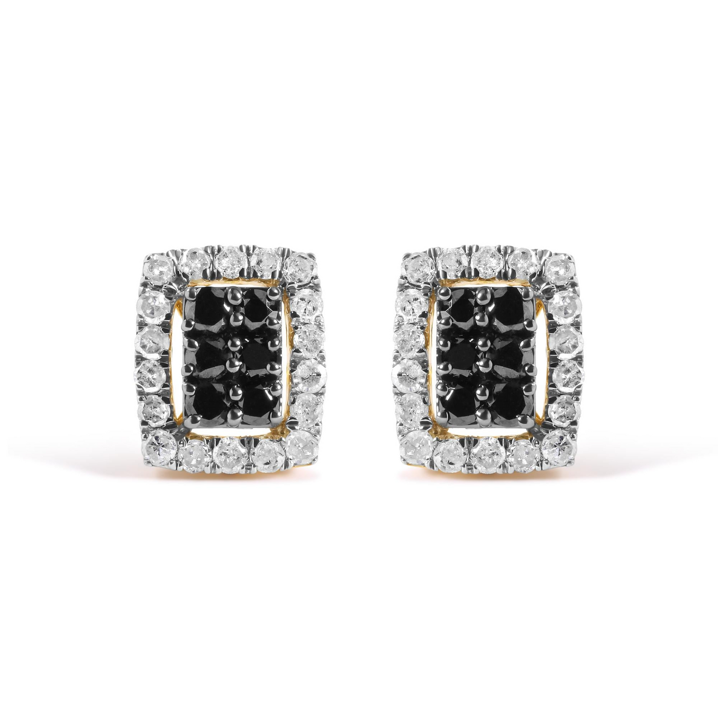 Men's 10K Yellow Gold 1.00 Cttw White and Black Diamond Emerald Shape Halo Stud Earring (Black / I-J Color, I2-I3 Clarity)