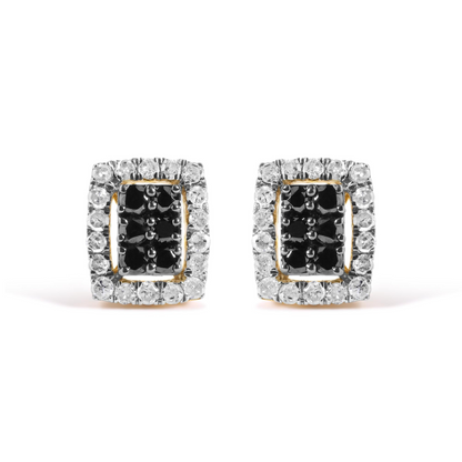 Men's 10K Yellow Gold 1.00 Cttw White and Black Diamond Emerald Shape Halo Stud Earring (Black / I-J Color, I2-I3 Clarity)