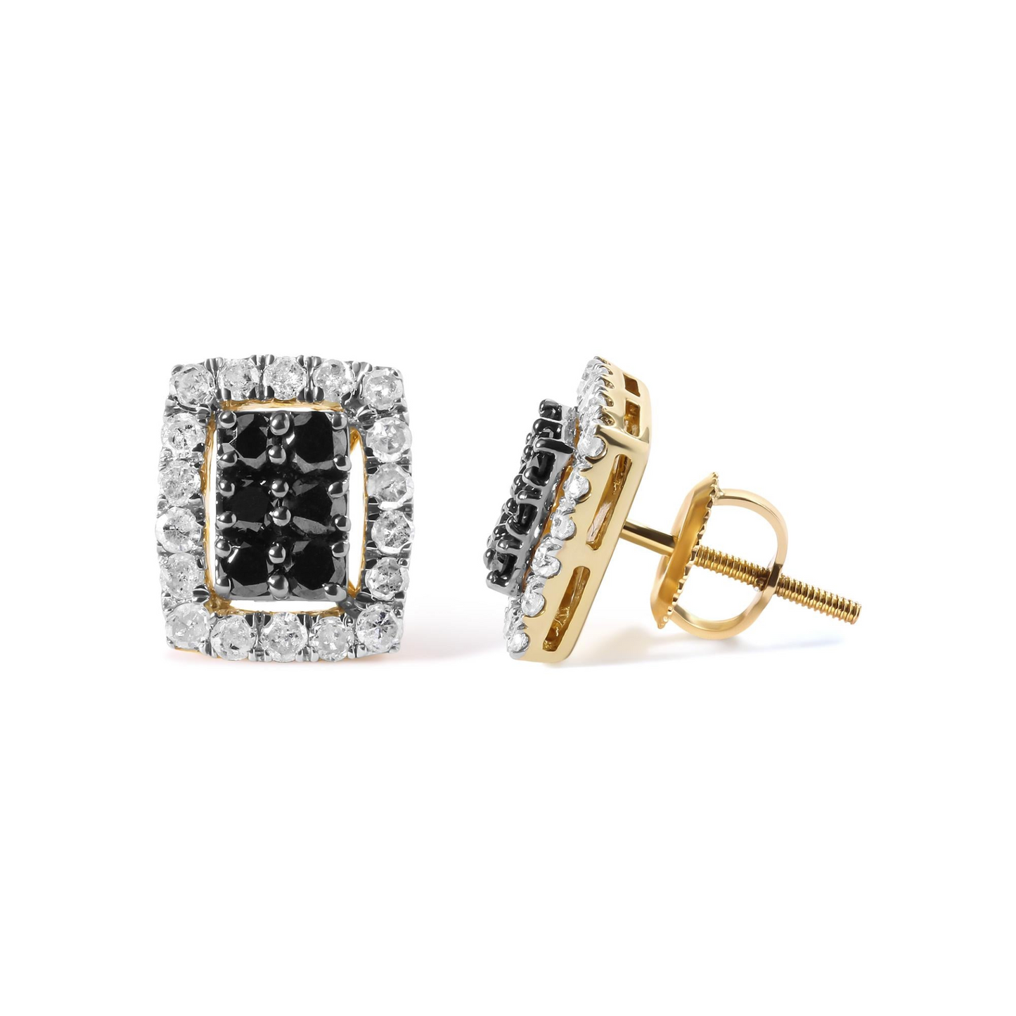 Men's 10K Yellow Gold 1.00 Cttw White and Black Diamond Emerald Shape Halo Stud Earring (Black / I-J Color, I2-I3 Clarity)