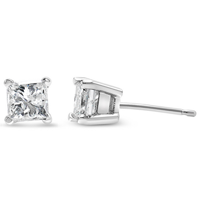 AGS Certified 14k White Gold 1.0 Cttw 4-Prong Set Princess-Cut Solitaire Diamond Push Back Stud Earrings for Women (E-F Color, I1-I2 Clarity)